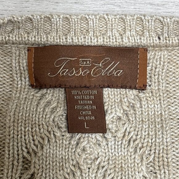 Tasso Elba Cable Knit Sweater Mens L Wheat 100% Cotton V Neck Heavy Pullover - Picture 7 of 9